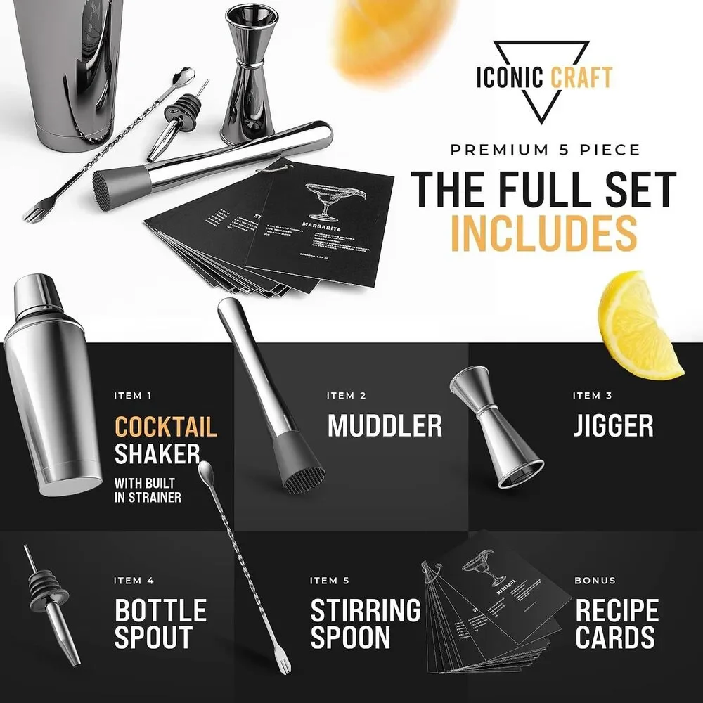 Premium Cocktail Shaker Set with Premium Gift Box - 5 Piece Cocktail Shaker Set